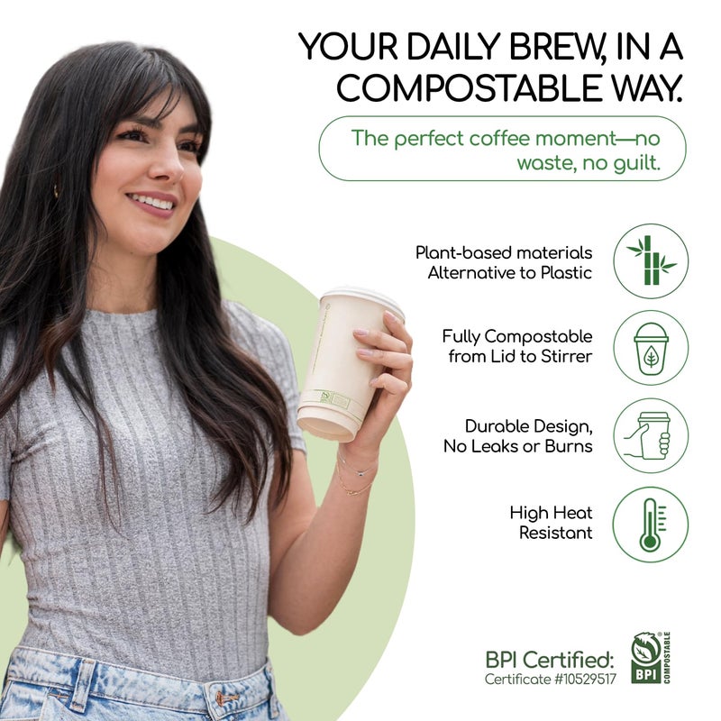 LB LIVING BALANCE Living Balance Certified Compostable Coffee Cups 12 oz â€“ 100 Pack Cups with Integrated Sleeves | Leak Proof, BPA-Free & CPLA Certified Plant-based | To-Go cup for Hot & Cold Drinks - Image 4